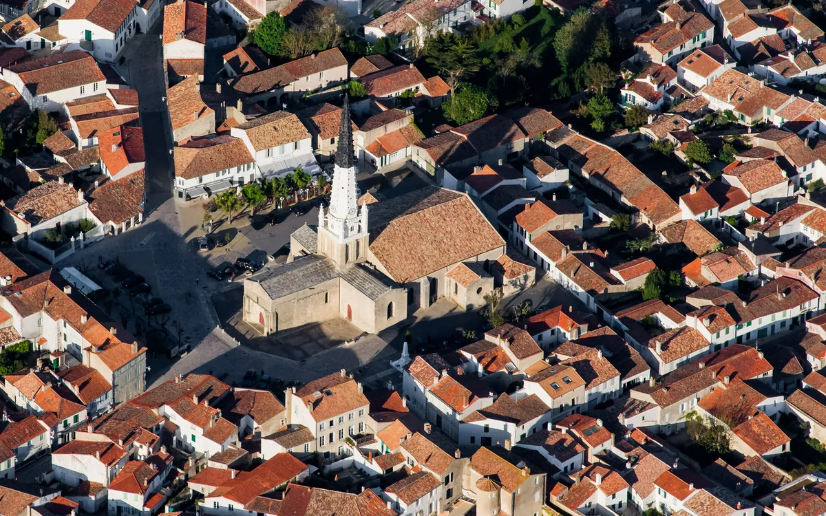 Aerial view of the church and rooftops of Ars-en-Ré