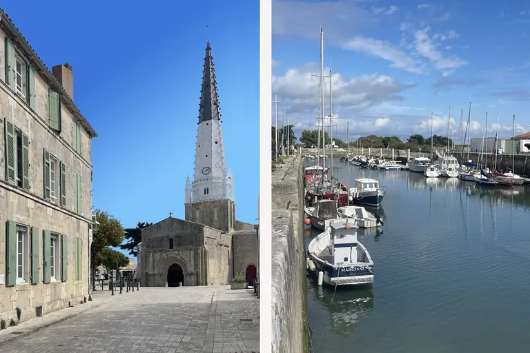 The black-and-white steeple of Saint-Étienne church and the harbour of Ars-en-Ré