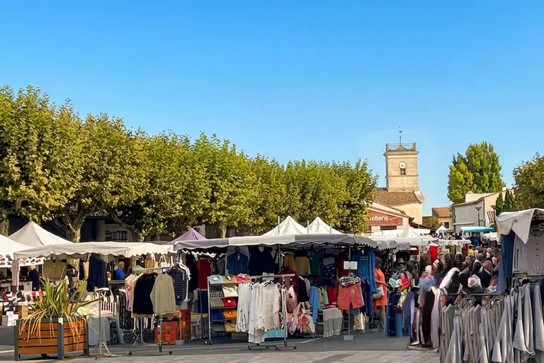 Le Bois-Plage-en-Ré market under the plane trees, the bell tower in the background
